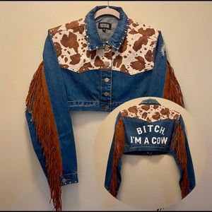 Cowprint Cropped Denim Jacket CUSTOM MADE